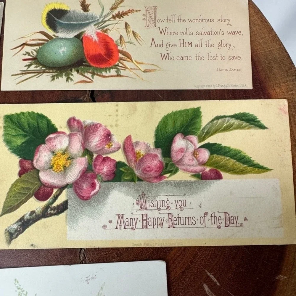 Antique Victorian Cards Ephemera L Prang Co Chromolithograph Floral Cherub 1880s